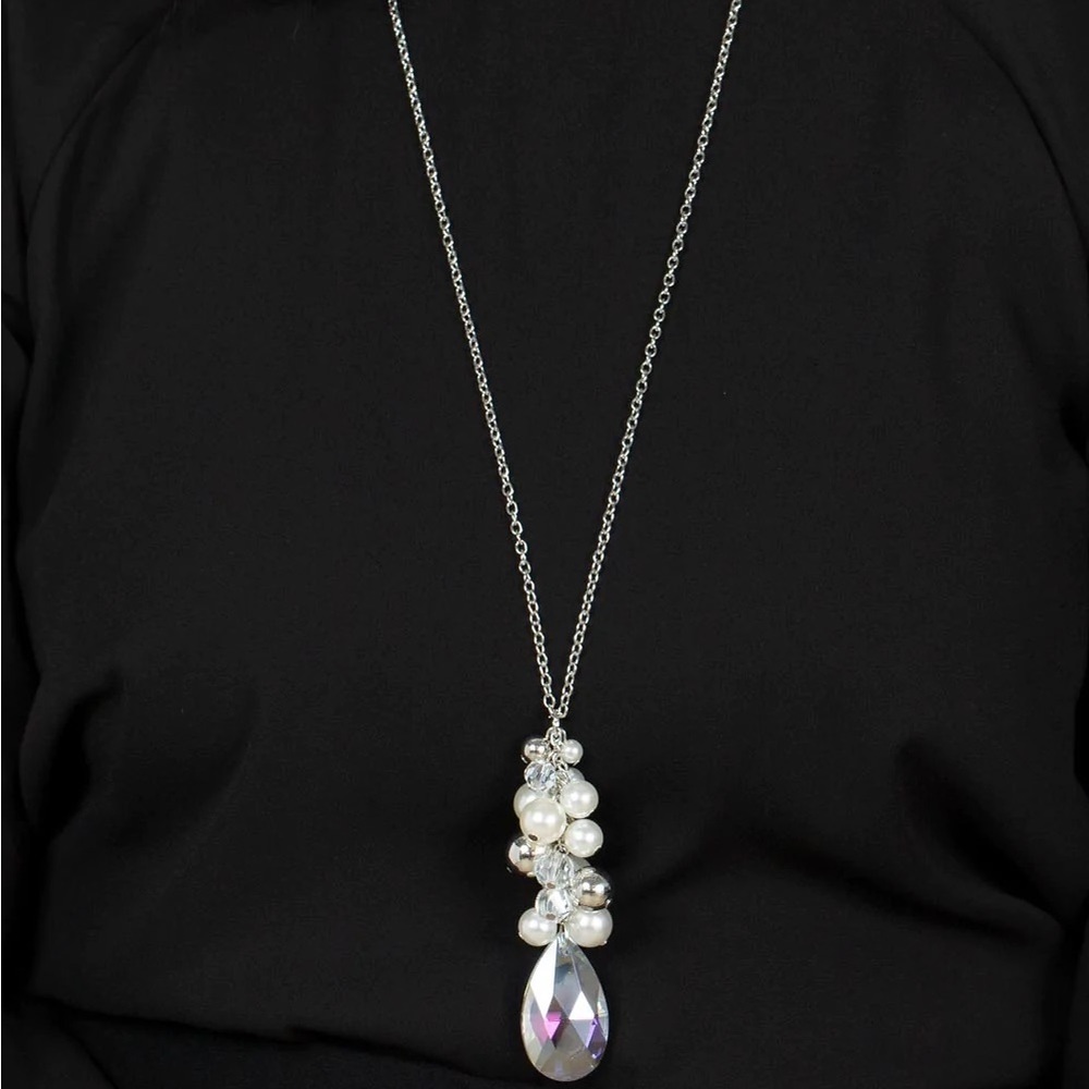 NEW Vintage Iridescent Crystal Stone & Pearl Pendant Necklace Fashion Jewelry